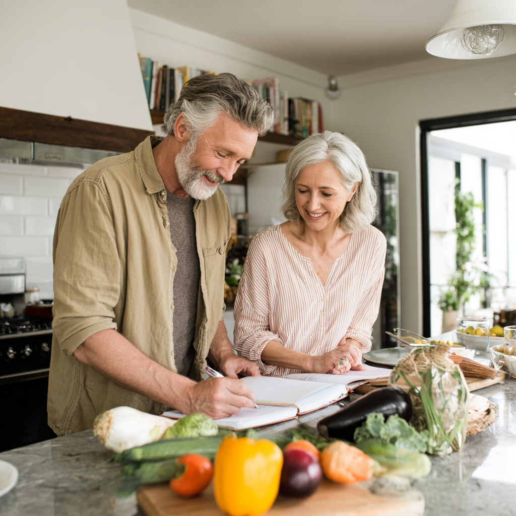 Middle-aged adults planning healthy meals together in a bright kitchen