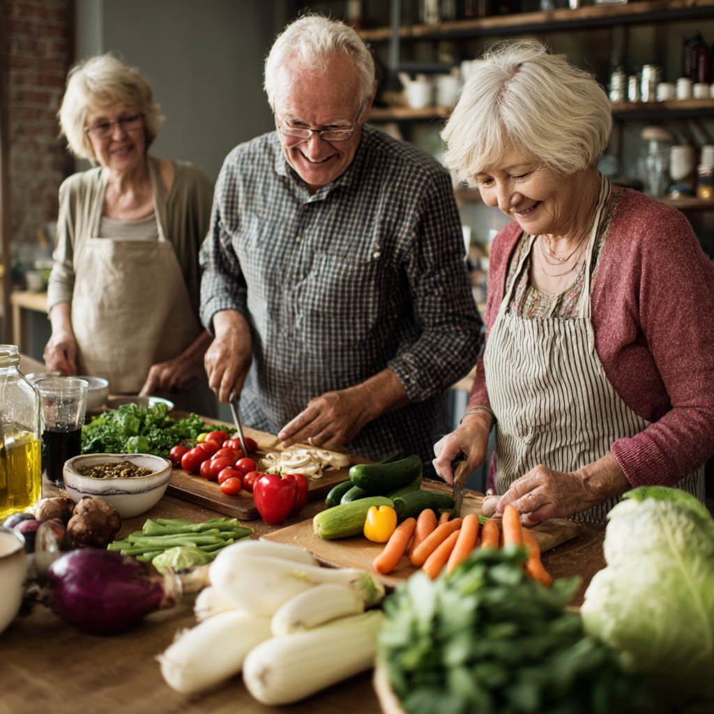 Senior adults preparing nutritious balanced meals with fresh vegetables